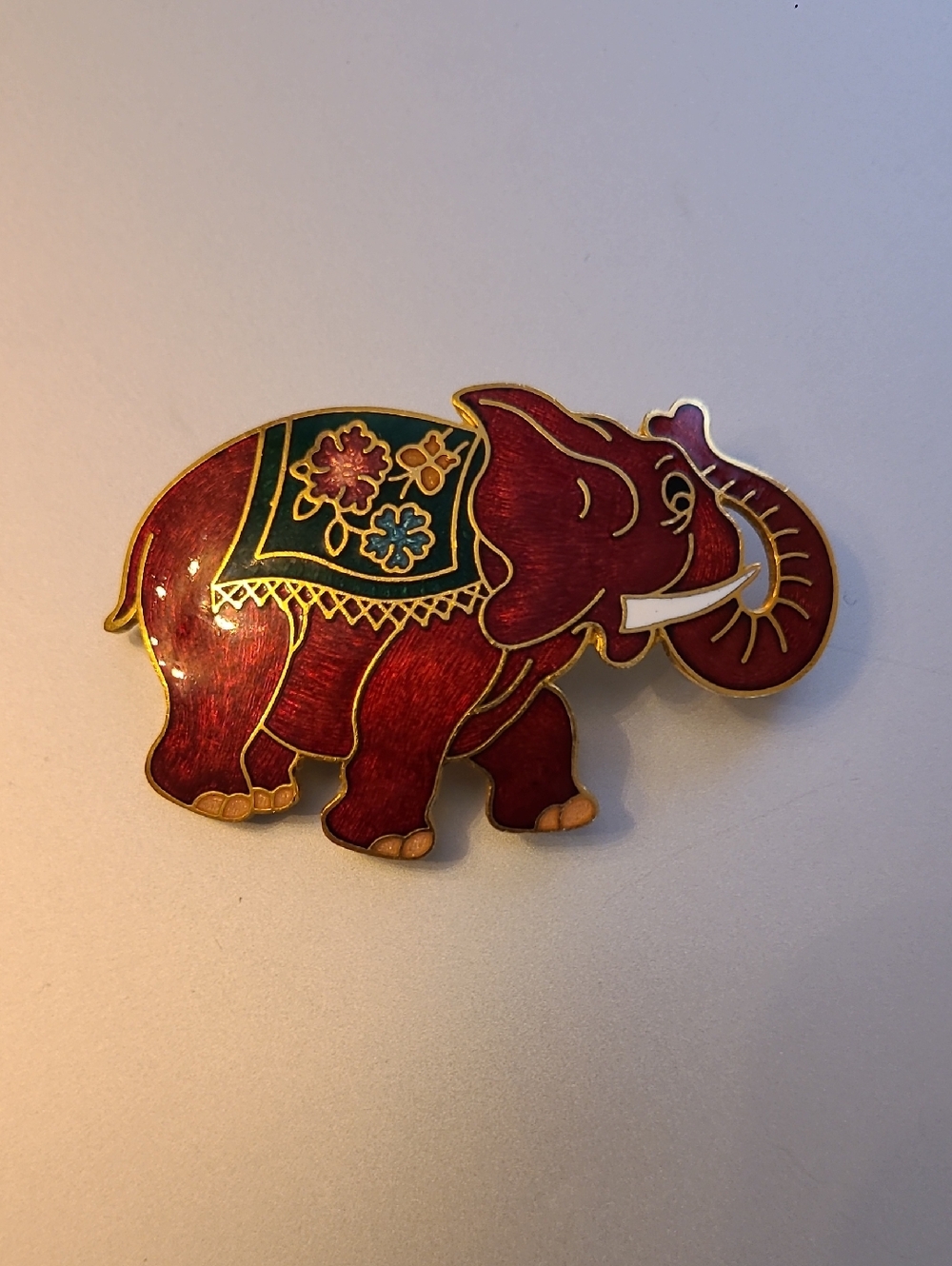 Elephant Pin Red Enamel with Floral Saddle- Unbranded